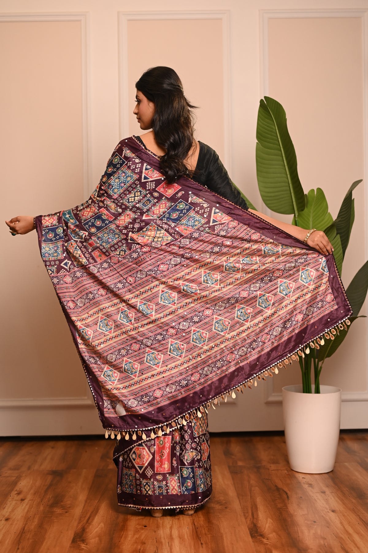 Nevash Digital Ajrakh Kalamkari Satin Saree