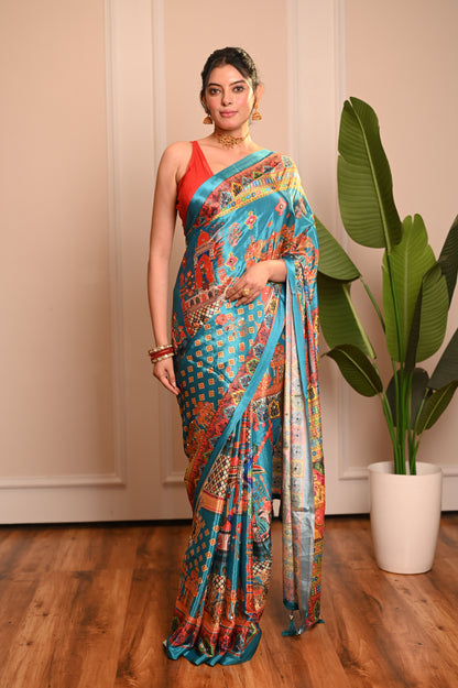 Nevash Fashion Digital Ajrakh Kalamkari Satin Saree