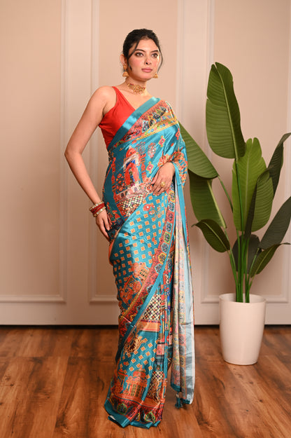 Nevash Fashion Digital Ajrakh Kalamkari Satin Saree