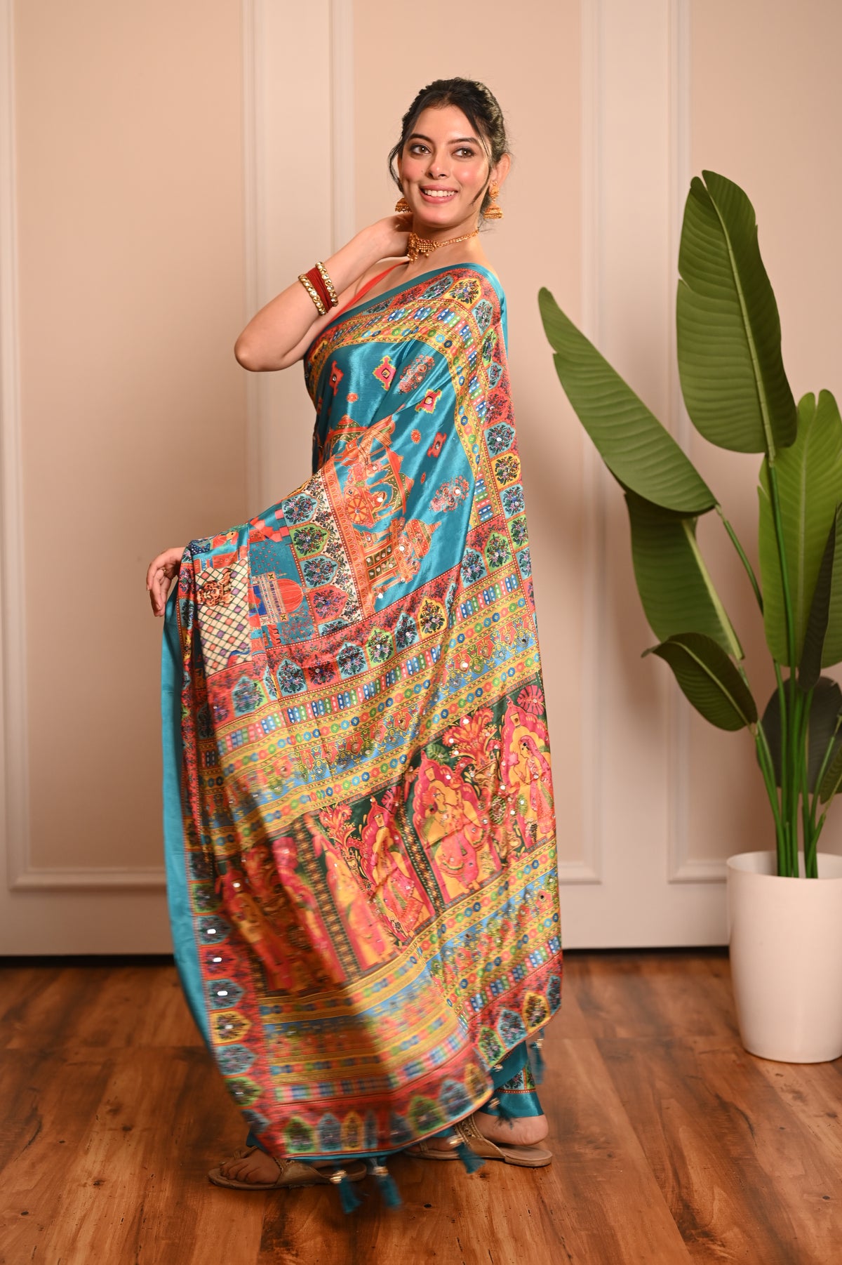 Nevash Fashion Digital Ajrakh Kalamkari Satin Saree