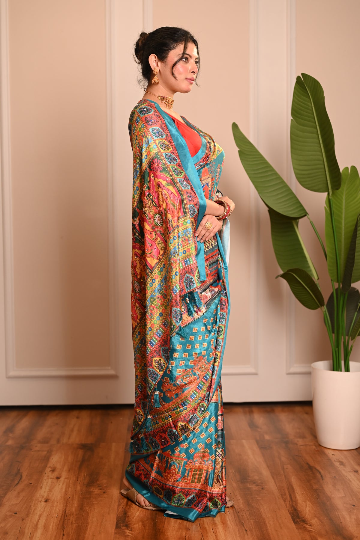 Nevash Fashion Digital Ajrakh Kalamkari Satin Saree