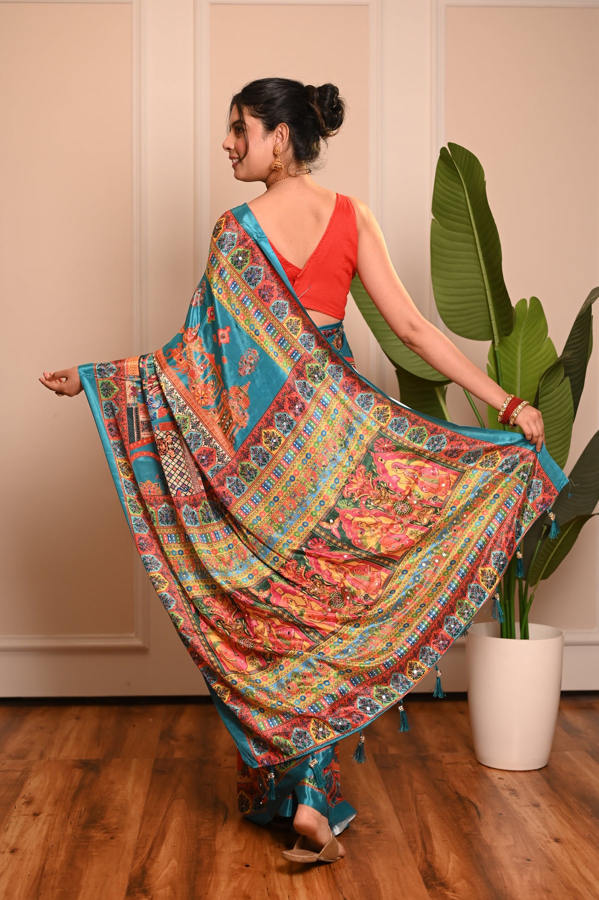 Nevash Fashion Digital Ajrakh Kalamkari Satin Saree