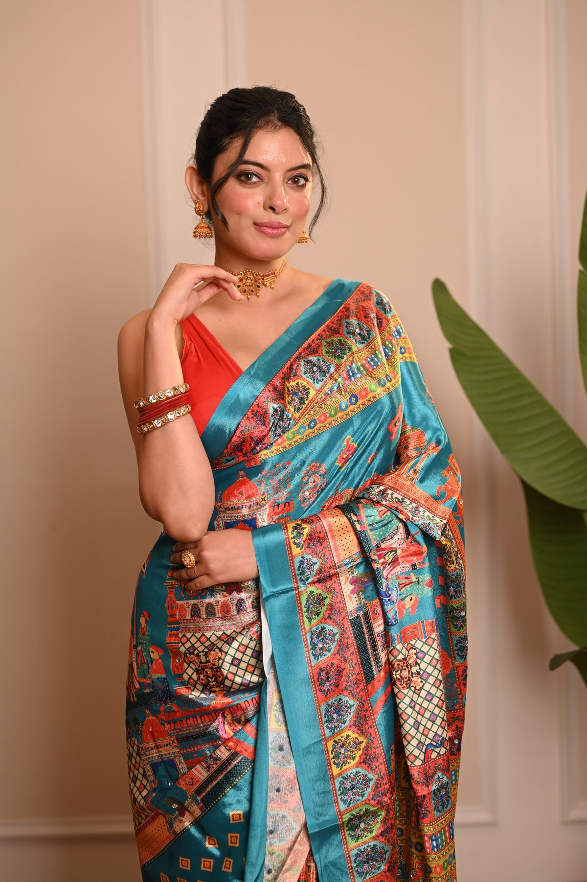 Nevash Fashion Digital Ajrakh Kalamkari Satin Saree