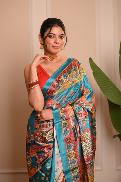 Nevash Fashion Digital Ajrakh Kalamkari Satin Saree