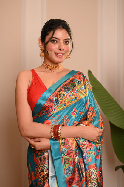 Nevash Fashion Digital Ajrakh Kalamkari Satin Saree