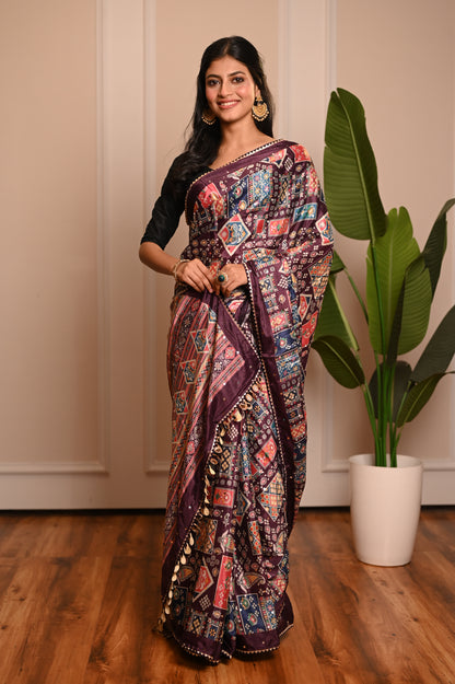 Nevash Digital Ajrakh Kalamkari Satin Saree