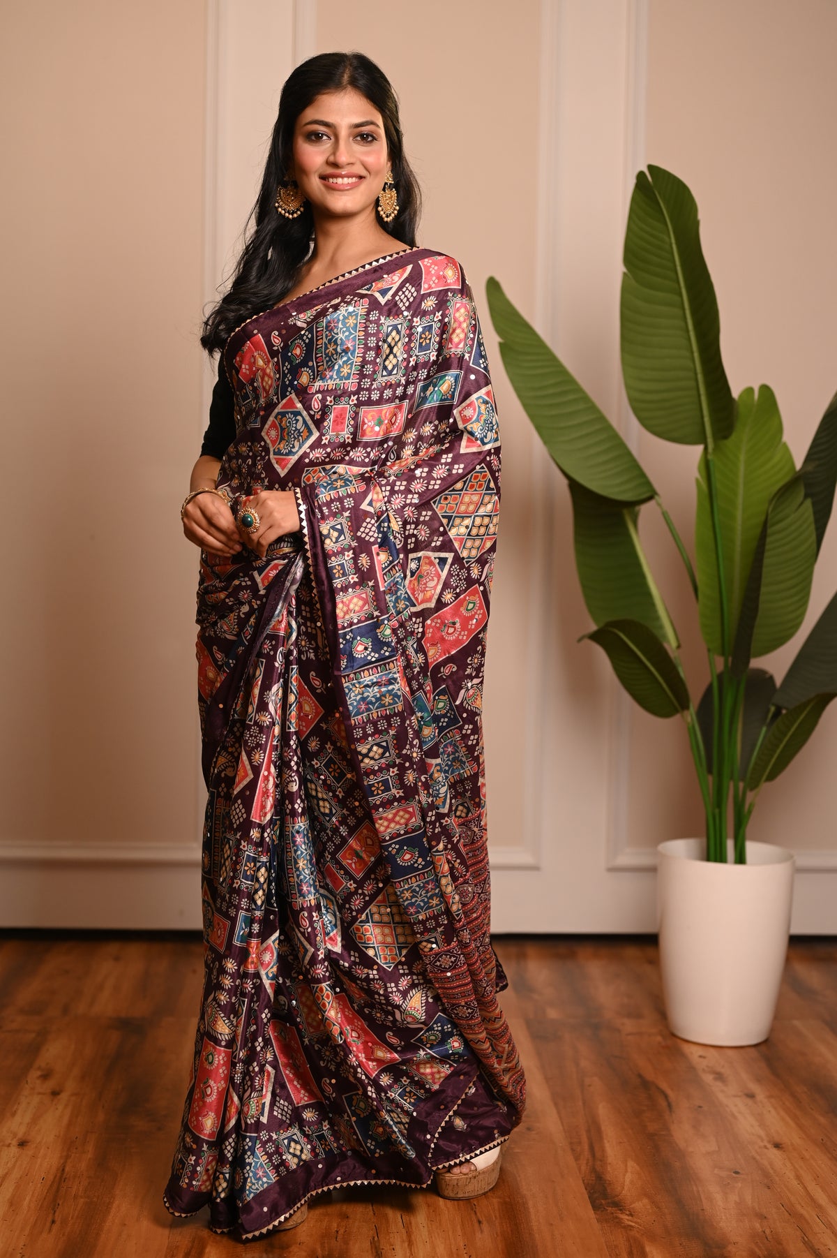 Nevash Digital Ajrakh Kalamkari Satin Saree