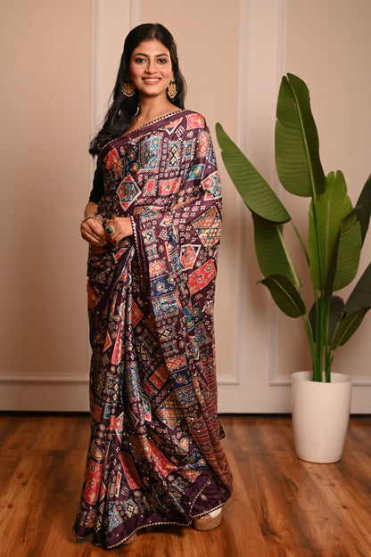 Nevash Digital Ajrakh Kalamkari Satin Saree