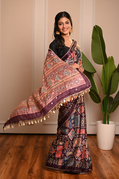 Nevash Digital Ajrakh Kalamkari Satin Saree