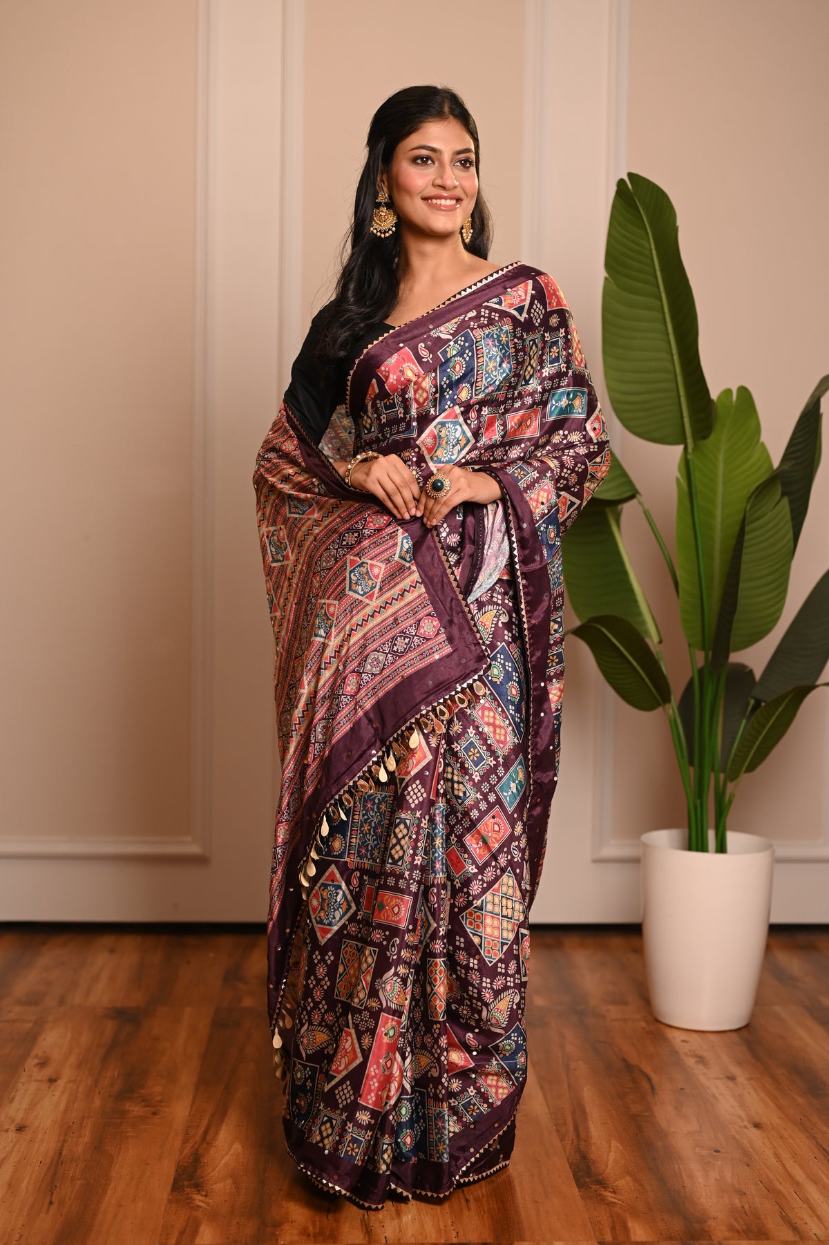 Nevash Digital Ajrakh Kalamkari Satin Saree