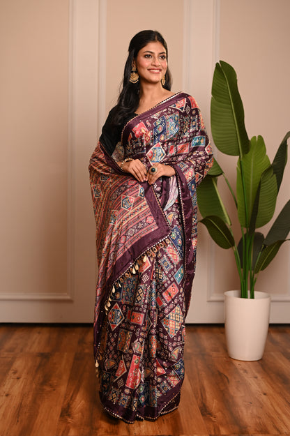 Nevash Digital Ajrakh Kalamkari Satin Saree