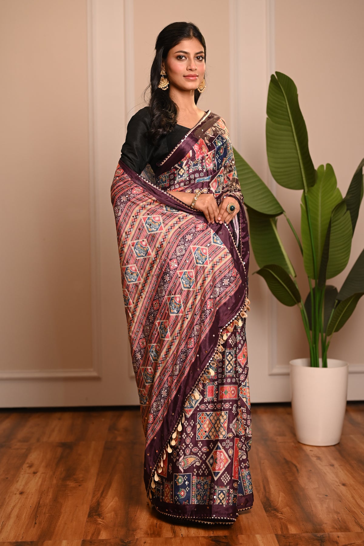 Nevash Digital Ajrakh Kalamkari Satin Saree