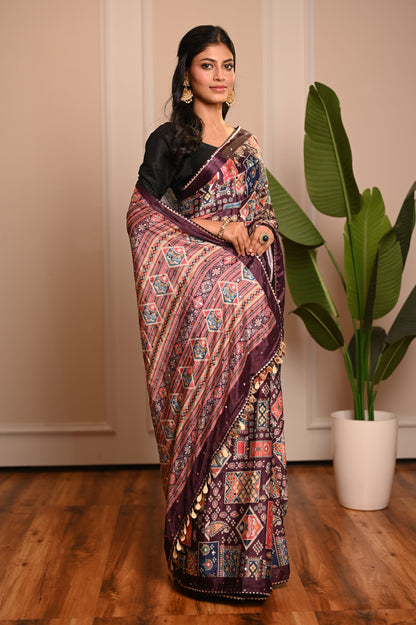 Nevash Digital Ajrakh Kalamkari Satin Saree