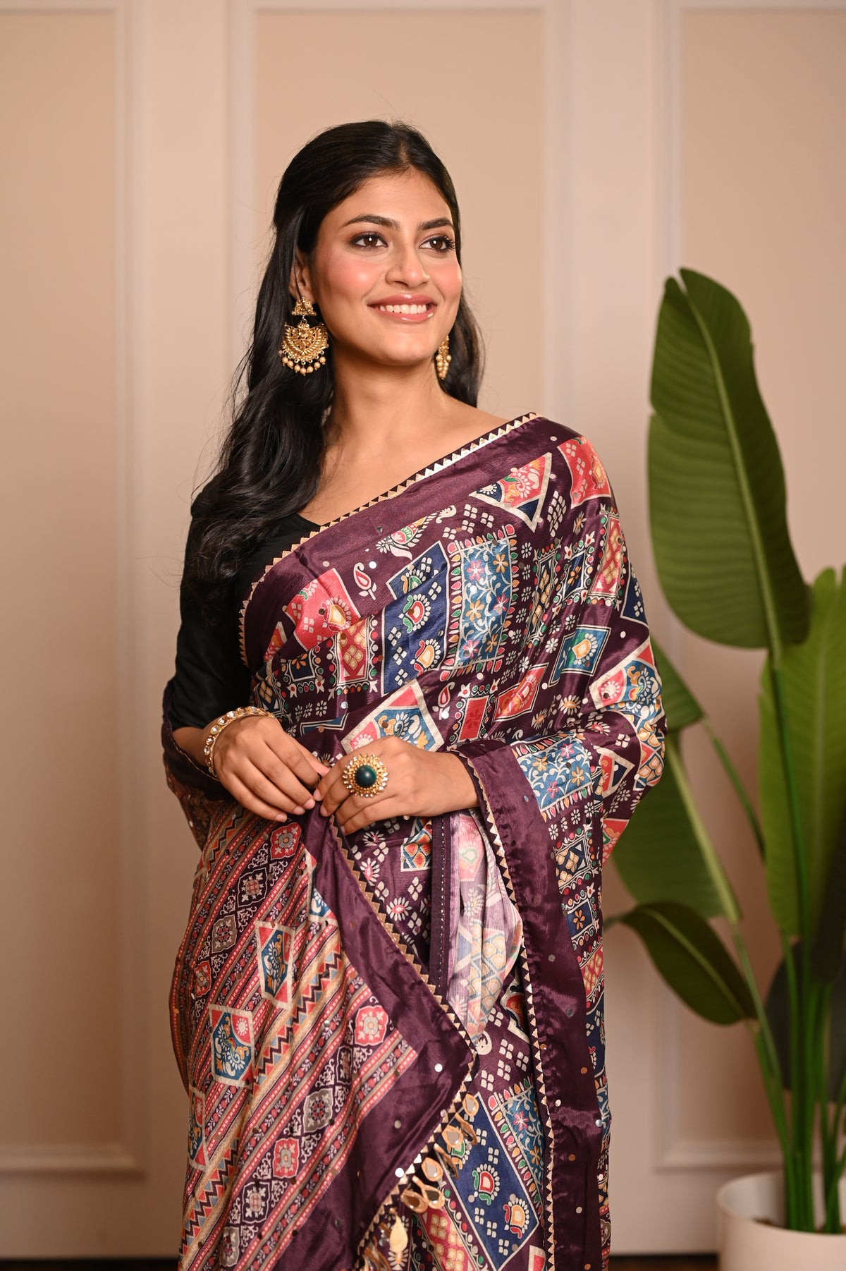 Nevash Digital Ajrakh Kalamkari Satin Saree
