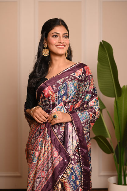 Nevash Digital Ajrakh Kalamkari Satin Saree