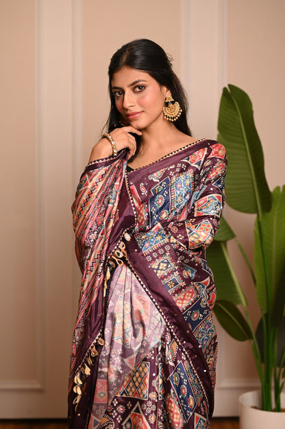 Nevash Digital Ajrakh Kalamkari Satin Saree