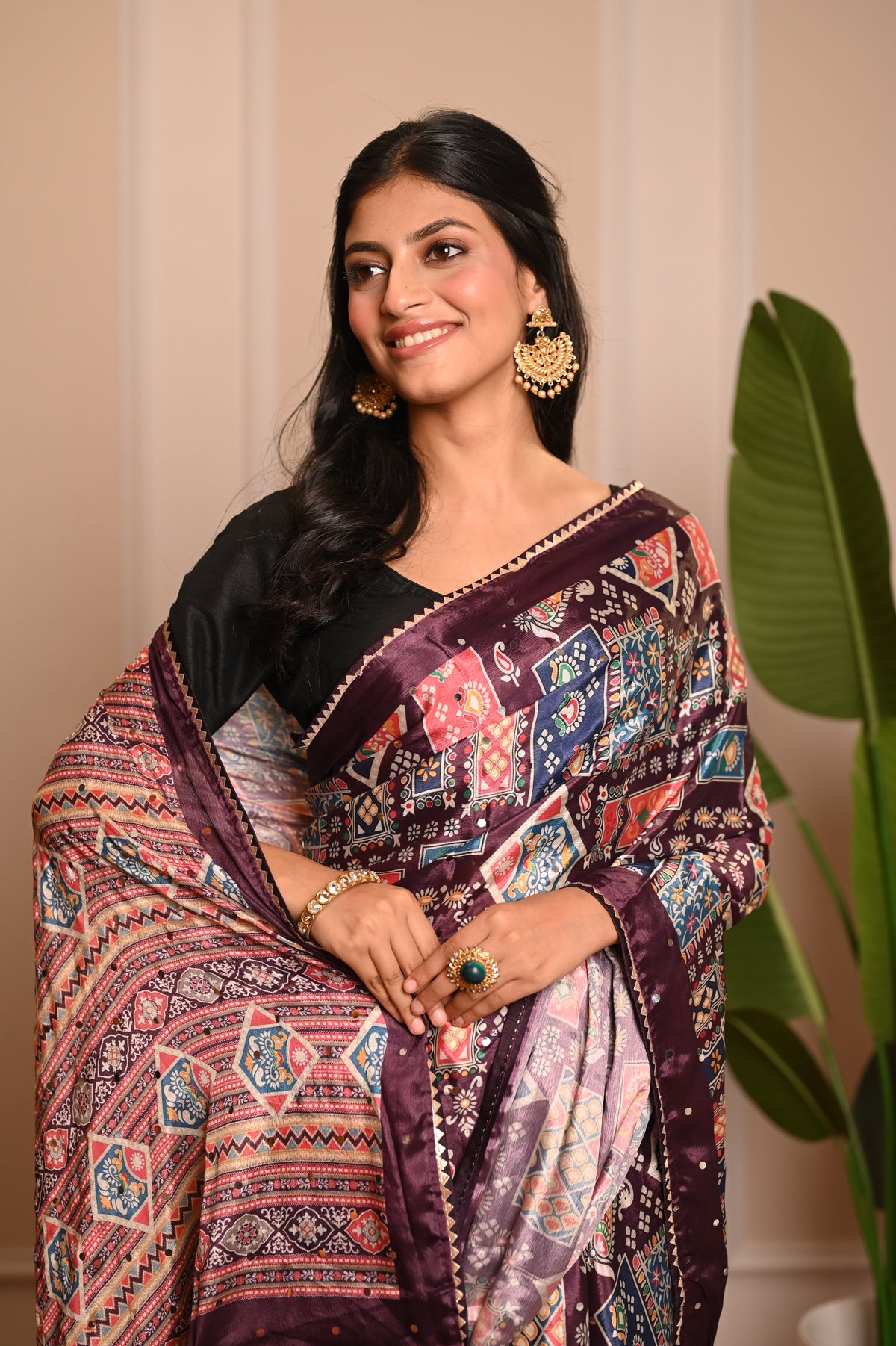 Nevash Digital Ajrakh Kalamkari Satin Saree