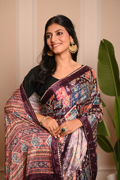 Nevash Digital Ajrakh Kalamkari Satin Saree