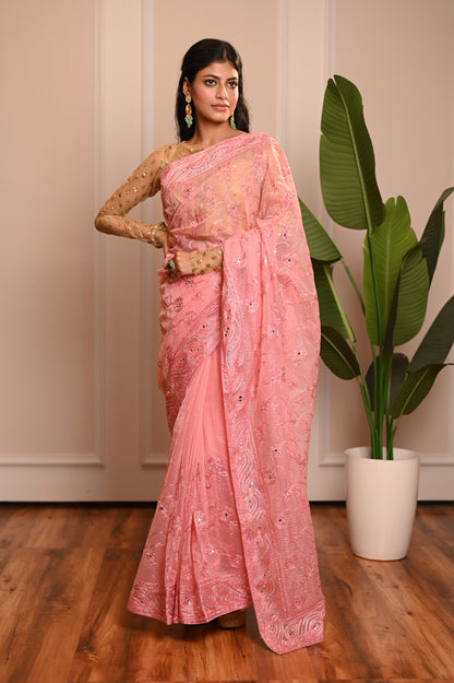 Nevash Mirror Twill Weave Saree pink