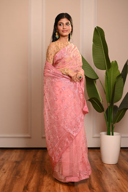 Nevash Mirror Twill Weave Saree pink