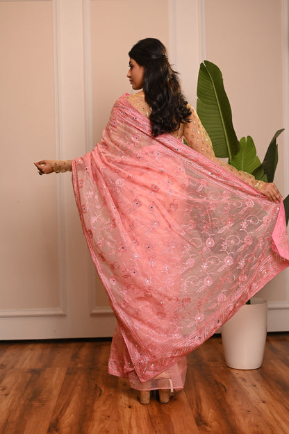 Nevash Mirror Twill Weave Saree pink