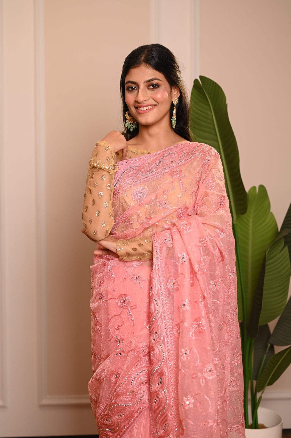 Nevash Mirror Twill Weave Saree pink