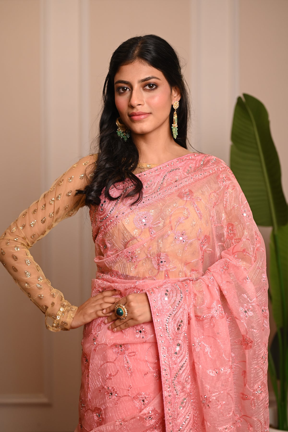 Nevash Mirror Twill Weave Saree pink