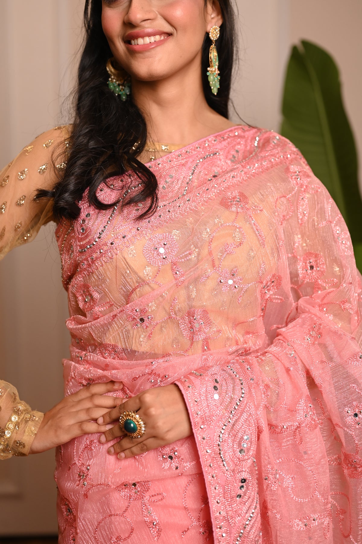 Nevash Mirror Twill Weave Saree pink