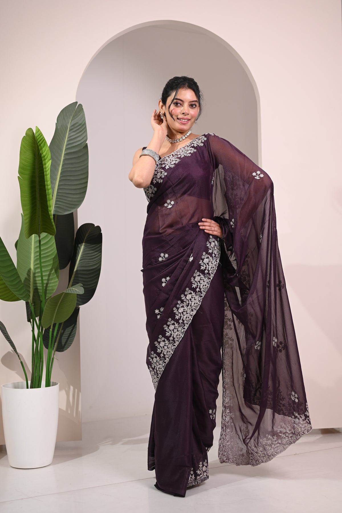 Nevash Chocolate Silk Saree with Readymade Blouse