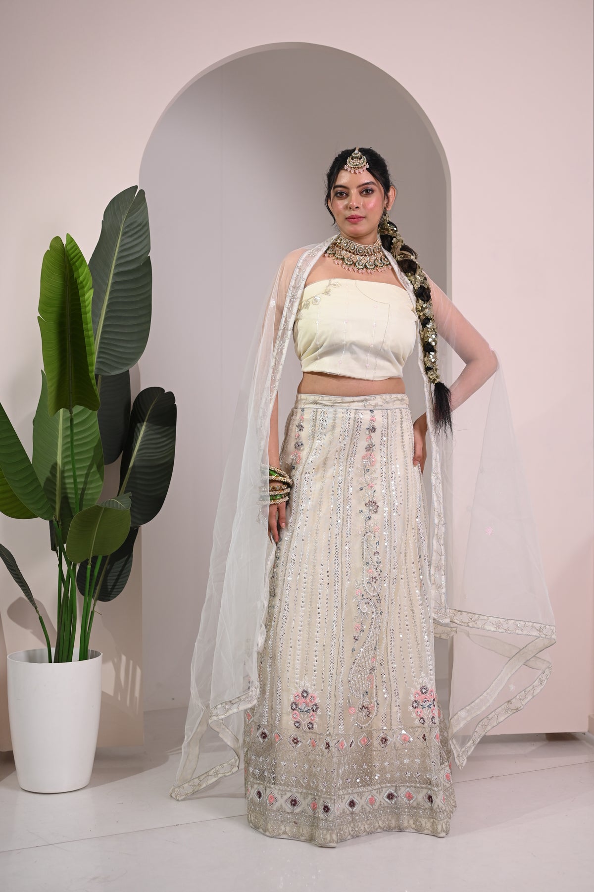 Nevash Paloma Heavy Embroidered Flared Lehenga Set Soft Cream/whitish
