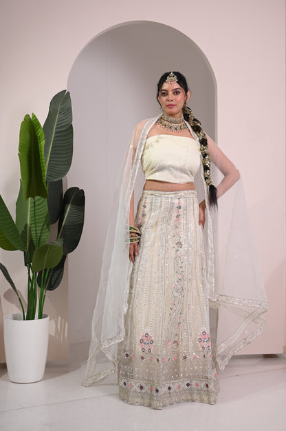 Nevash Paloma Heavy Embroidered Flared Lehenga Set Soft Cream/whitish