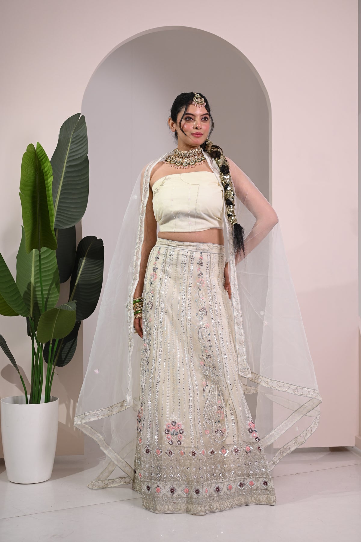 Nevash Paloma Heavy Embroidered Flared Lehenga Set Soft Cream/whitish