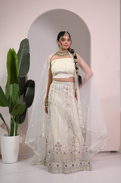 Nevash Paloma Heavy Embroidered Flared Lehenga Set Soft Cream/whitish