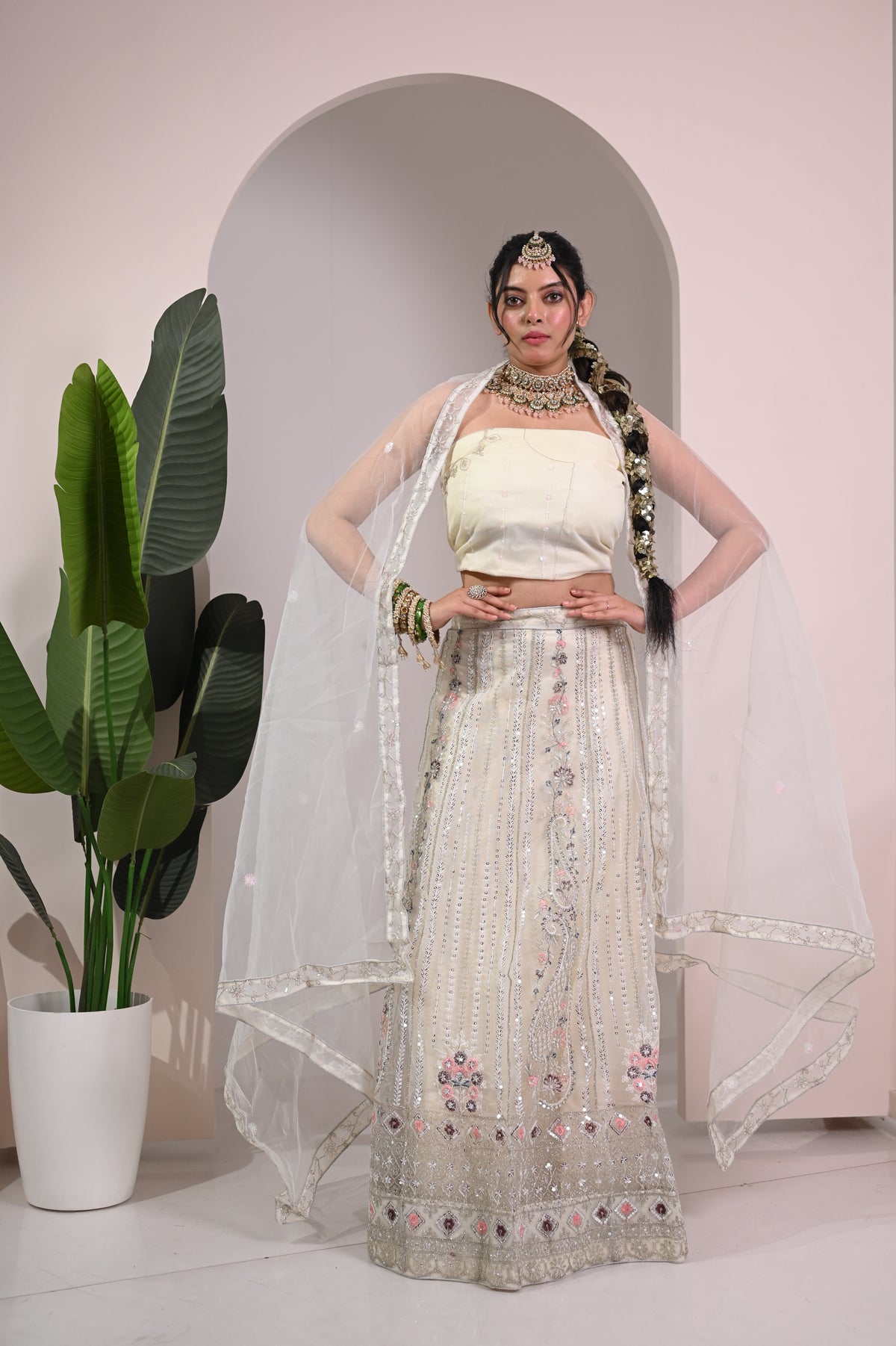 Nevash Paloma Heavy Embroidered Flared Lehenga Set Soft Cream/whitish