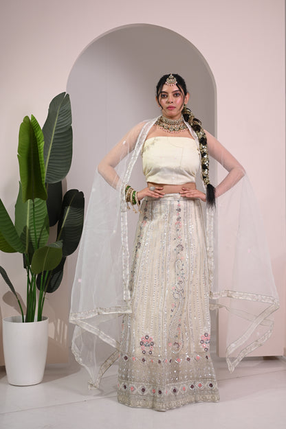 Nevash Paloma Heavy Embroidered Flared Lehenga Set Soft Cream/whitish