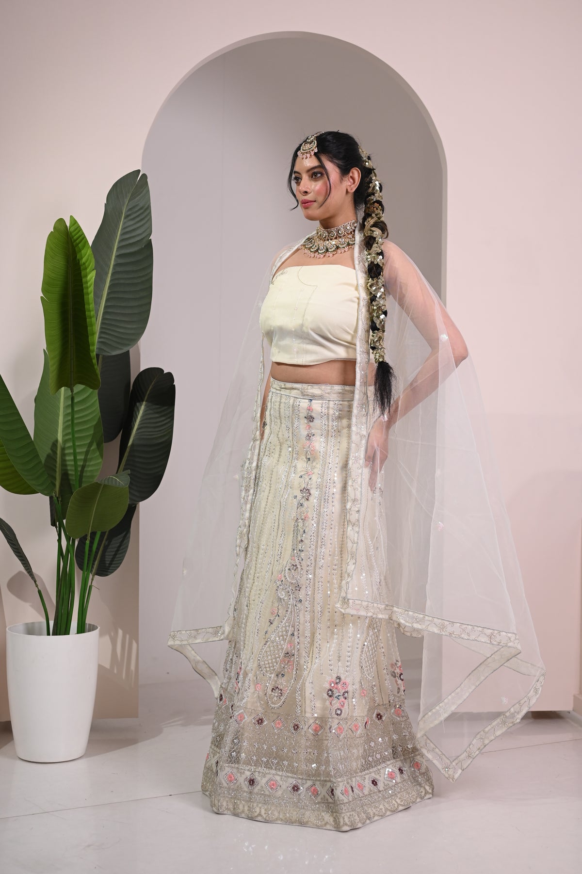 Nevash Paloma Heavy Embroidered Flared Lehenga Set Soft Cream/whitish