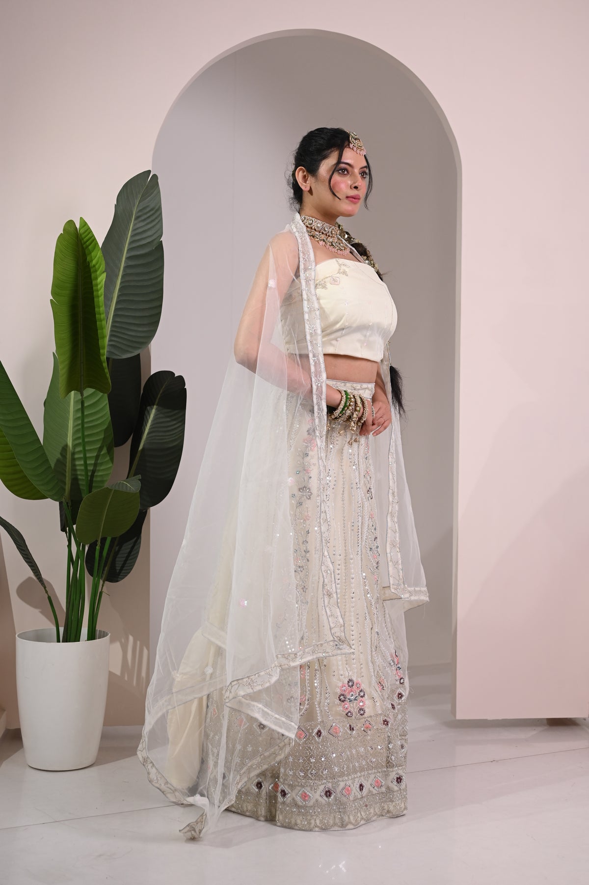 Nevash Paloma Heavy Embroidered Flared Lehenga Set Soft Cream/whitish