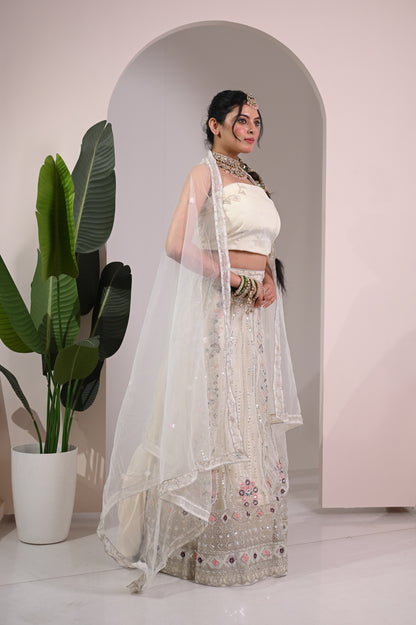 Nevash Paloma Heavy Embroidered Flared Lehenga Set Soft Cream/whitish