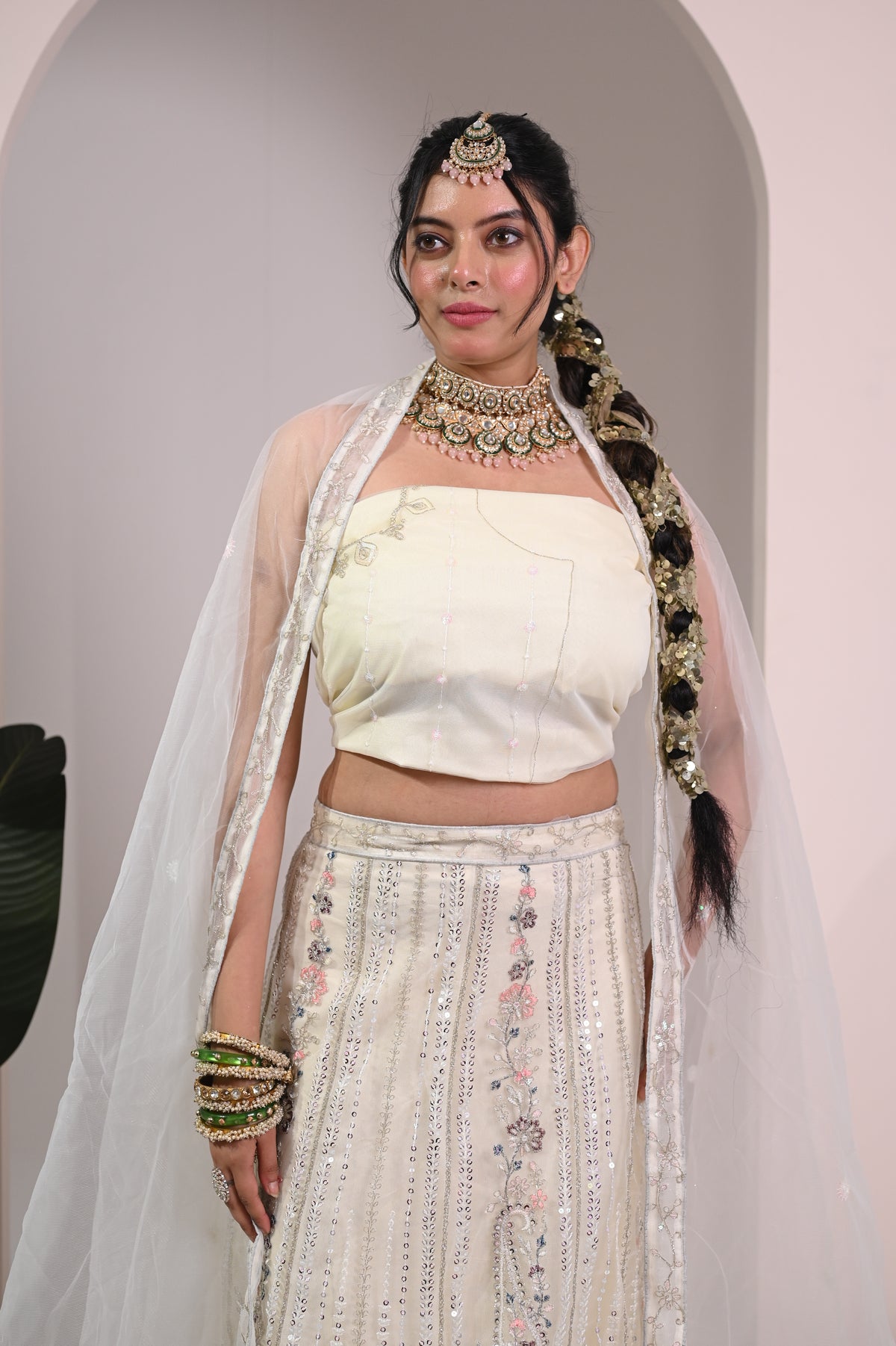 Nevash Paloma Heavy Embroidered Flared Lehenga Set Soft Cream/whitish