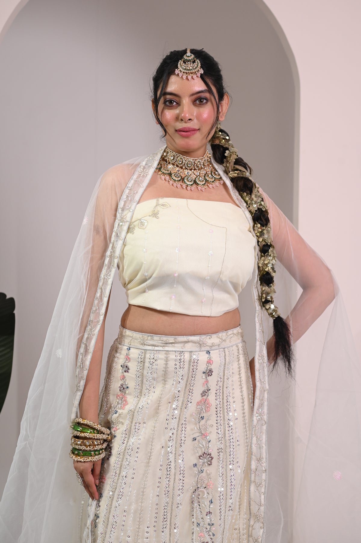 Nevash Paloma Heavy Embroidered Flared Lehenga Set Soft Cream/whitish