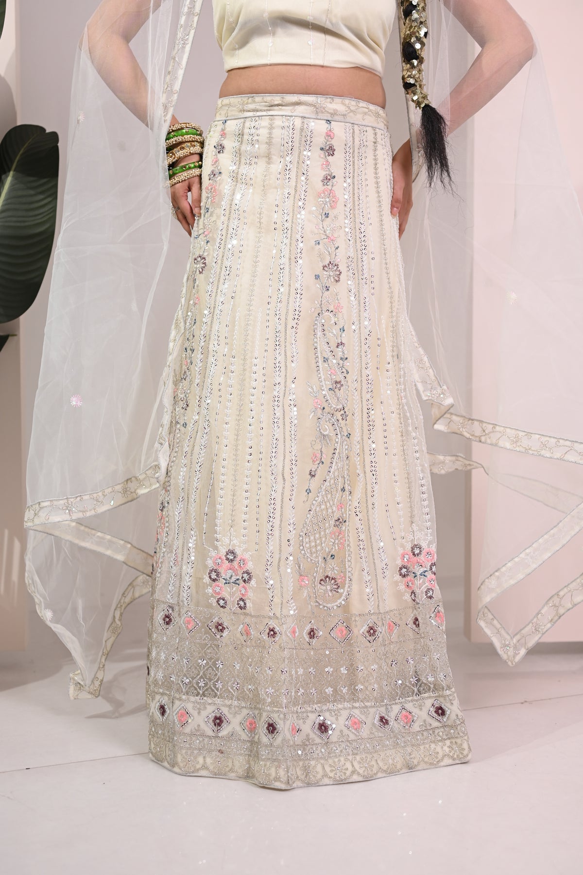 Nevash Paloma Heavy Embroidered Flared Lehenga Set Soft Cream/whitish