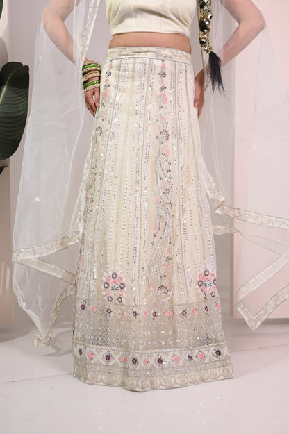 Nevash Paloma Heavy Embroidered Flared Lehenga Set Soft Cream/whitish